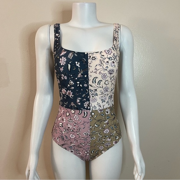Summer blue multi color floral print  one piece swimsuit - Picture 1 of 12